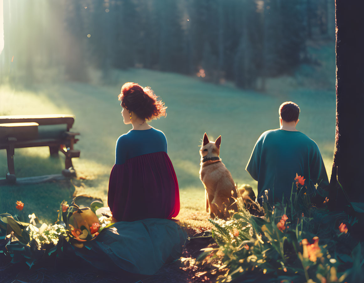 Peaceful scene: Two people and a dog in sunlit forest with wildflowers