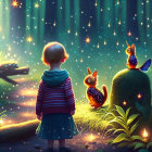 Child with dog and rabbits in mystical forest with glowing lights