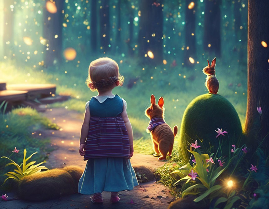 Child with dog and rabbits in mystical forest with glowing lights