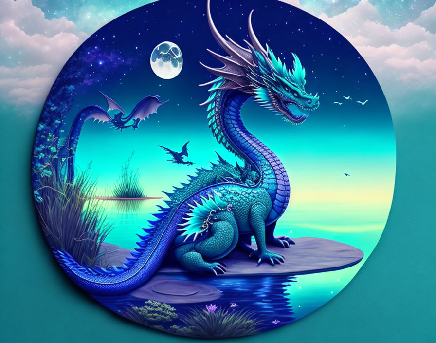 Majestic blue dragon and flying creatures under moonlit sky in circular frame