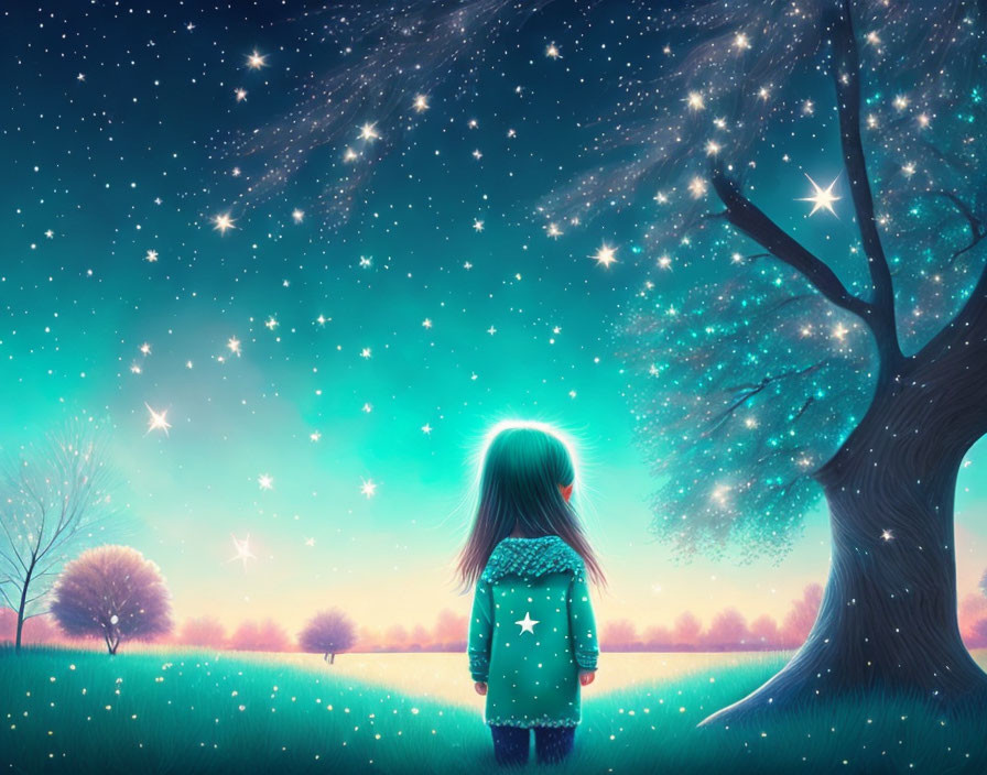 Child admires starry sky in magical glowing field