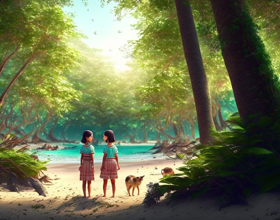 Two girls in matching dresses with a dog in a sunlit forest clearing near the beach surrounded by lush