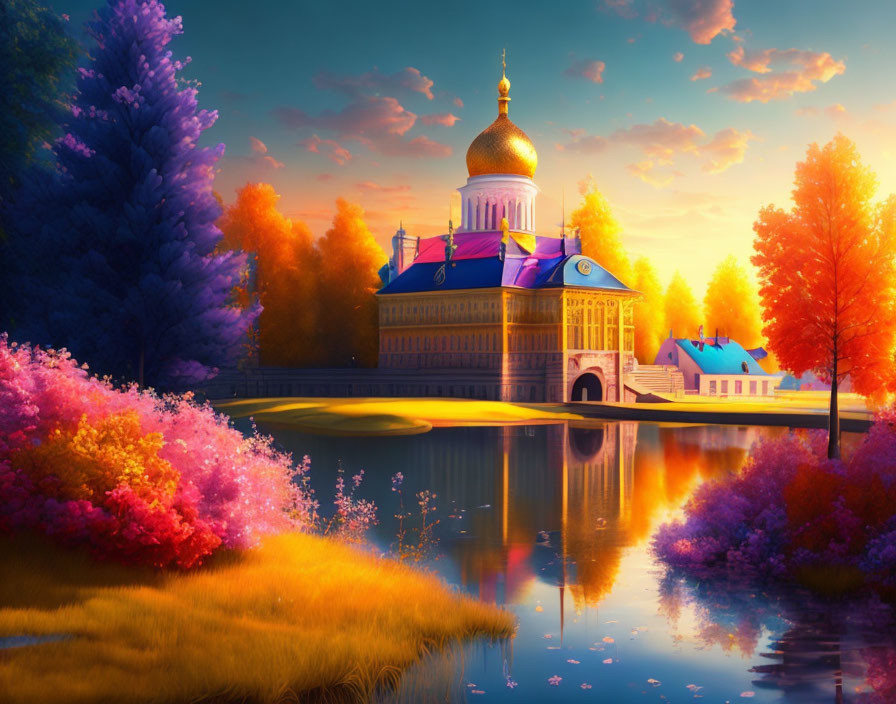 Majestic golden-domed building in vibrant fantasy landscape