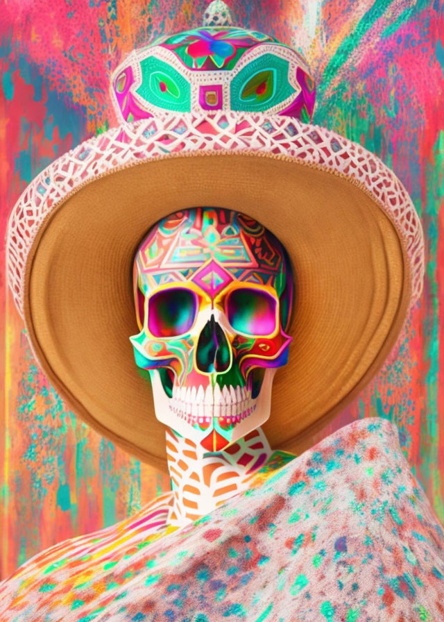 Vibrant Day of the Dead skull in sombrero on psychedelic backdrop