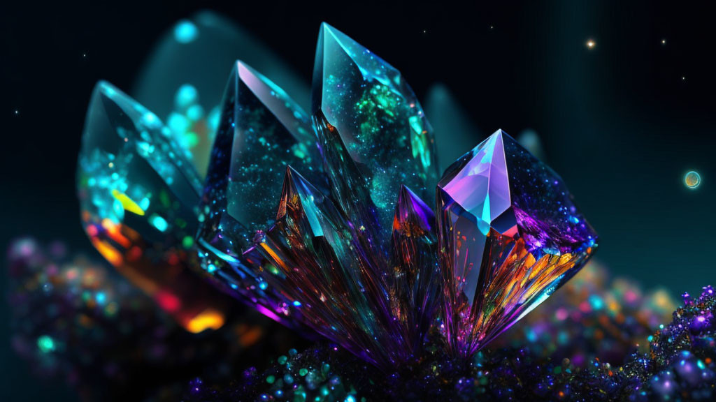 Vibrant multicolored crystal cluster with luminous tips on dark bokeh background