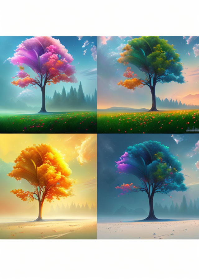 Vibrant tree illustrations depict various times and seasons in picturesque landscapes