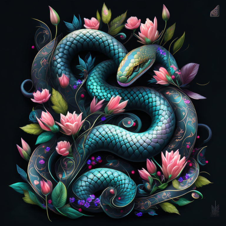 Colorful digital artwork: Turquoise snake with pink and magenta flowers on dark background