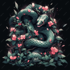 Colorful digital artwork: Turquoise snake with pink and magenta flowers on dark background