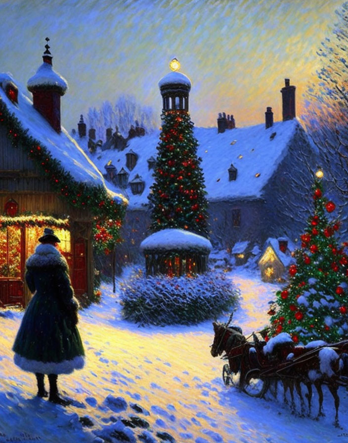 Person in winter coat gazes at snow-covered village with Christmas lights and horse-drawn sleigh.