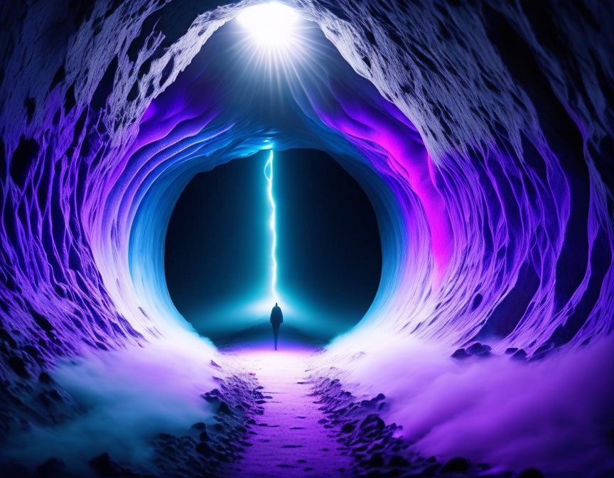 Person silhouetted at entrance of vibrant blue and purple ice cave