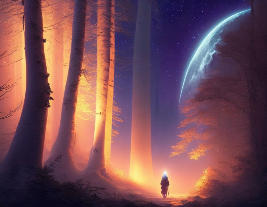 Solitary figure in mystical forest under moonlit sky