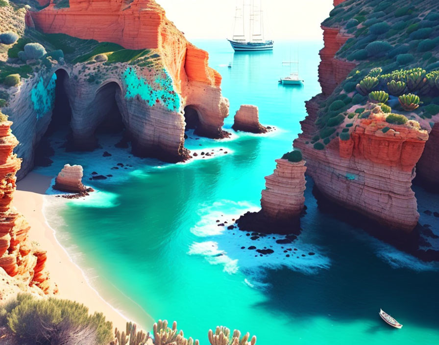 Sandy beach with turquoise waters, red cliffs, greenery, and sailing boats