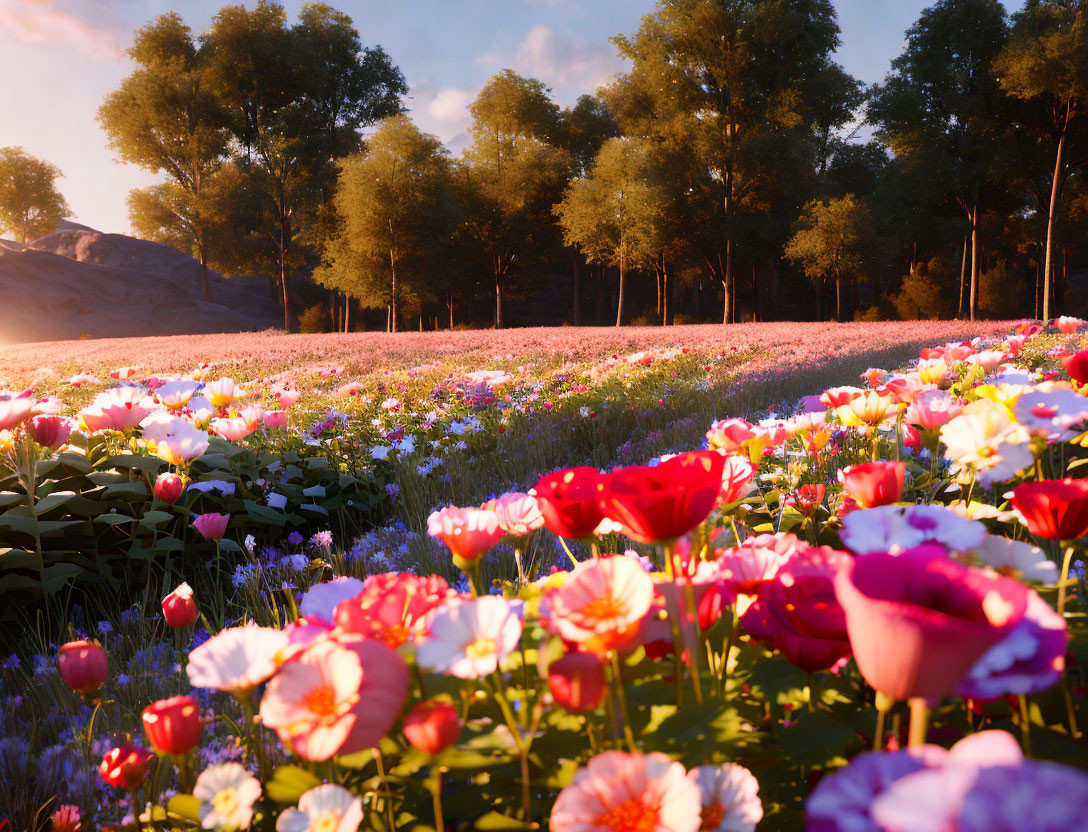 Vibrant flowers in sunlit field with green trees and clear sky