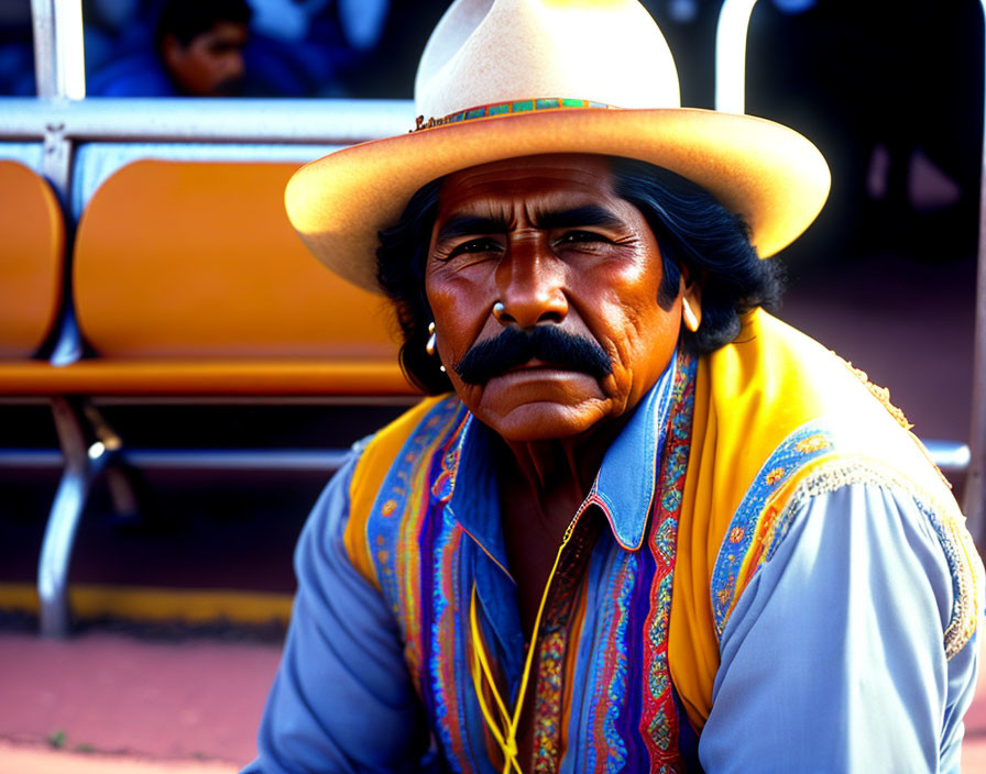 Man with Mustache in Wide-Brimmed Hat on Bench