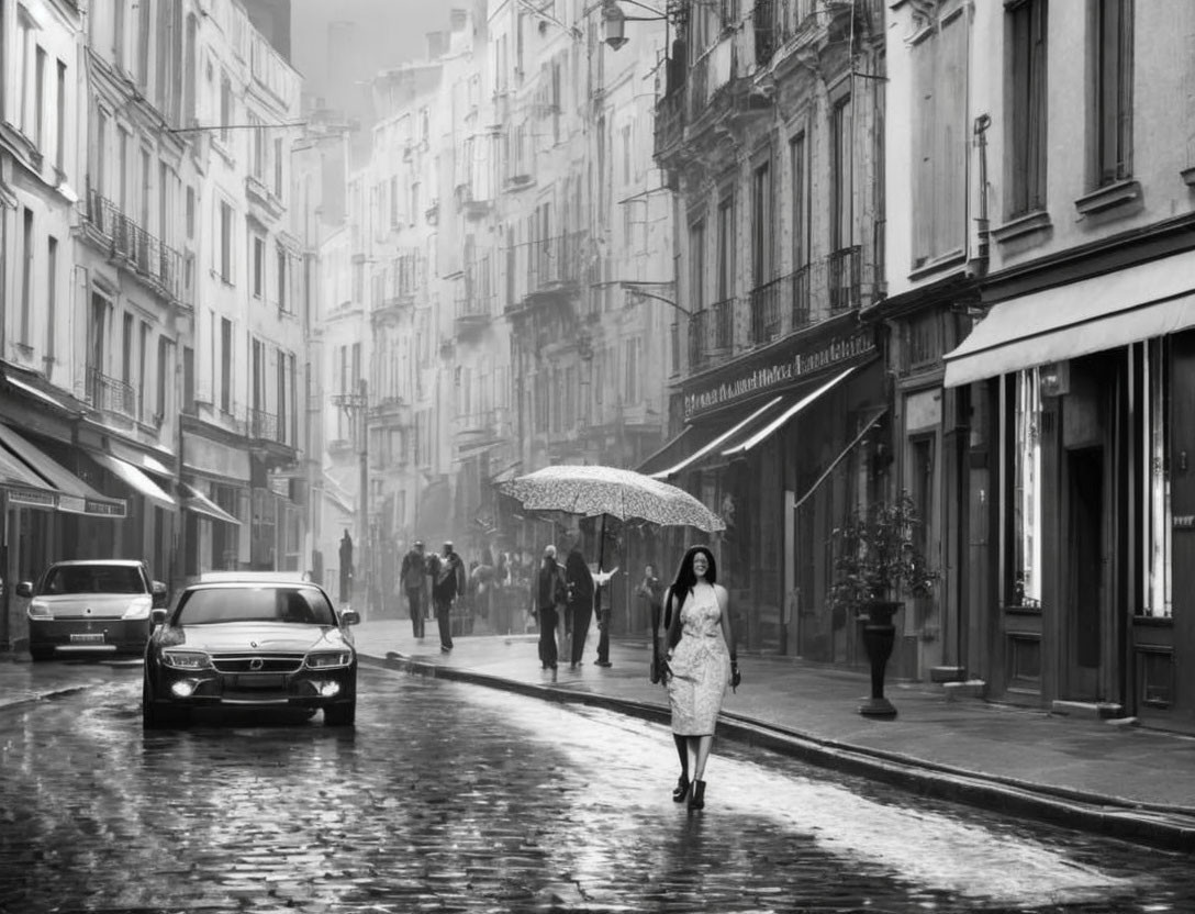 Woman with umbrella on rain-soaked street with car and pedestrians.