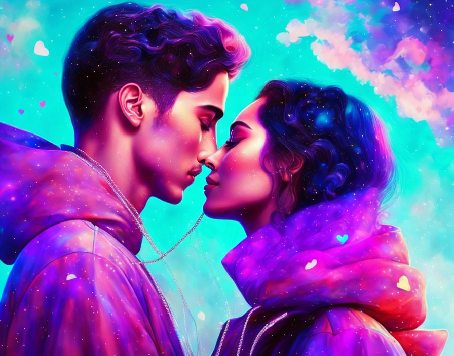 Colorful cosmic couple illustration with heart shapes and nebula effect