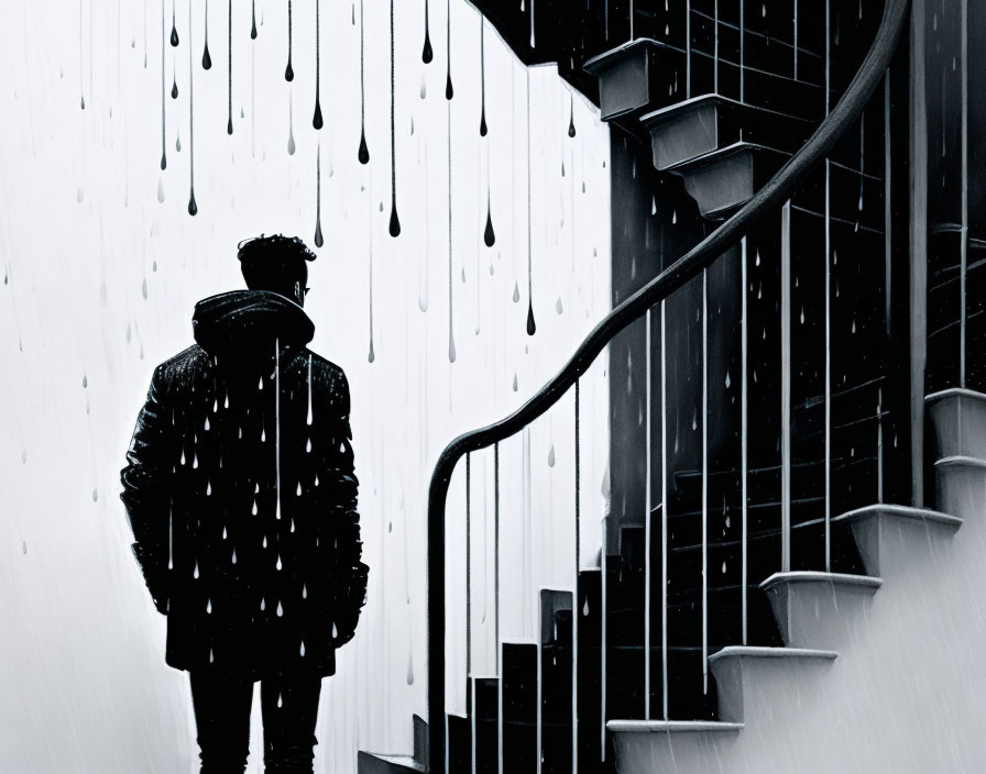 Solitary figure in rain by spiral staircase in black and white landscape