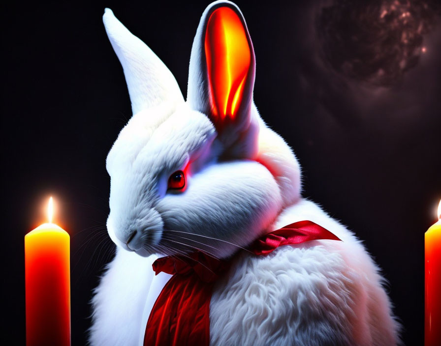 White Rabbit with Glowing Red Eyes and Red Bow Among Red Candles on Dark Background