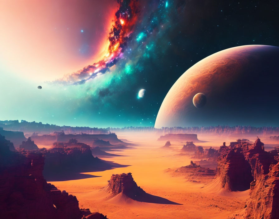 Vivid Sci-Fi Landscape with Rocky Terrain and Orange Sky