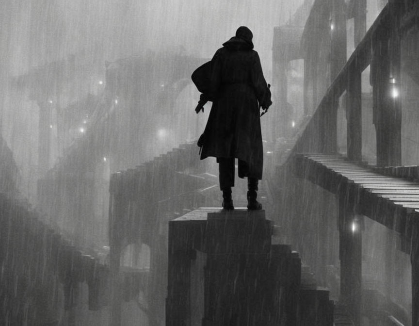 Solitary figure in coat on misty stairway in heavy rain