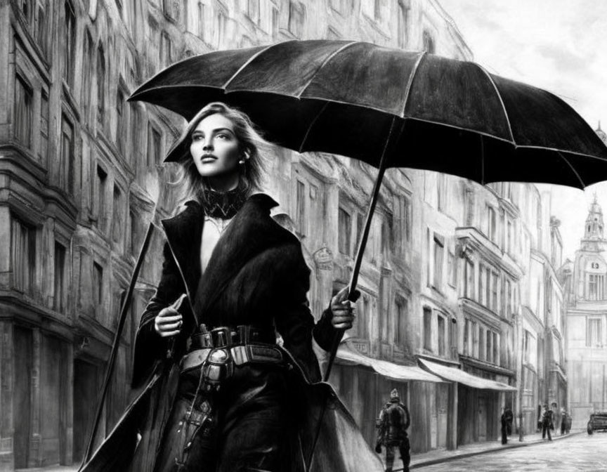 Monochrome illustration of stylish woman with umbrella in city setting