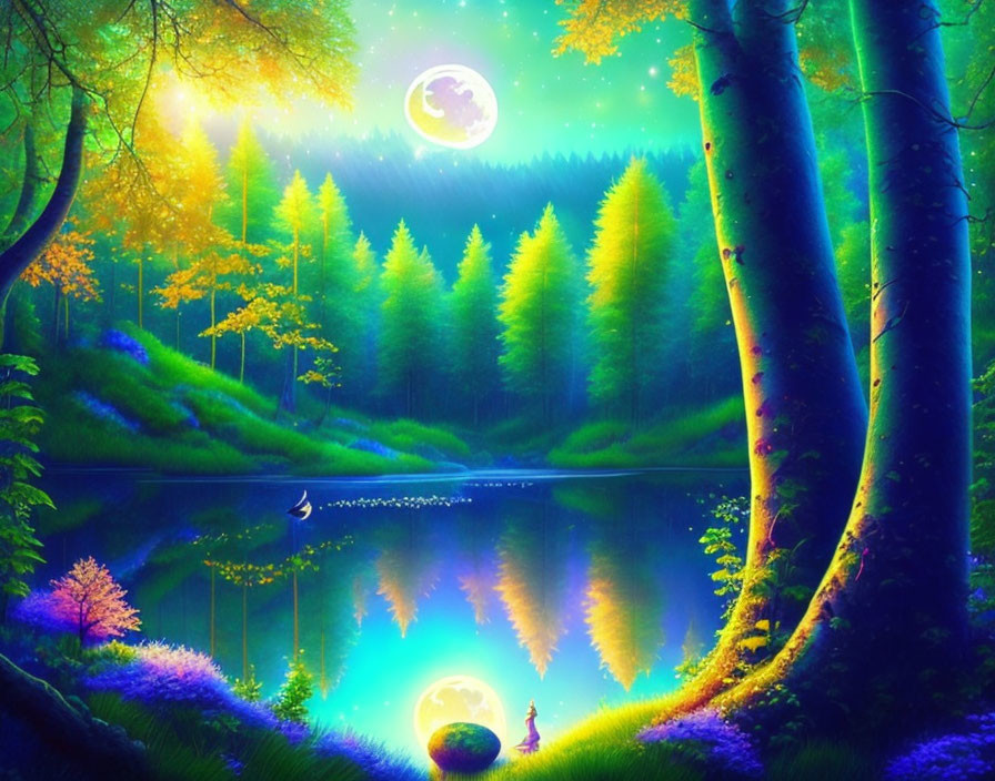 Fantasy forest with glowing trees and serene lake at night