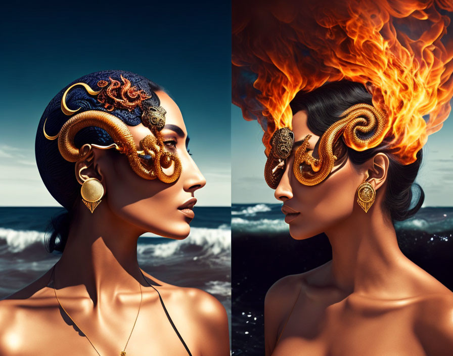 Split image: Woman with ornate headpiece against calm ocean & hair ablaze.