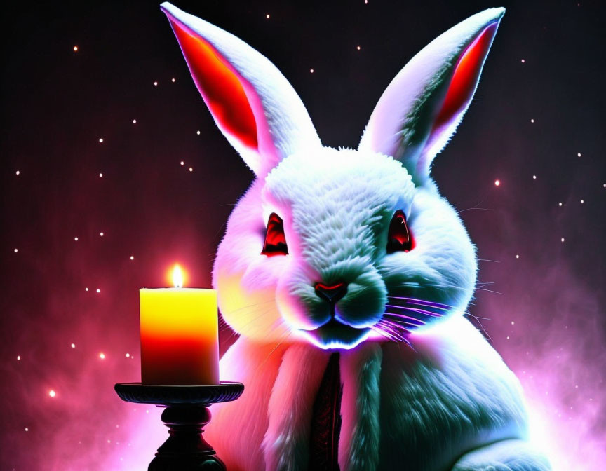 Colorful digital artwork: White rabbit with pink and blue hues next to candle on starry background