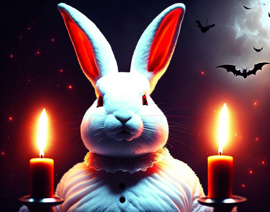 Illustrated white rabbit with red glowing eyes in eerie candlelit scene