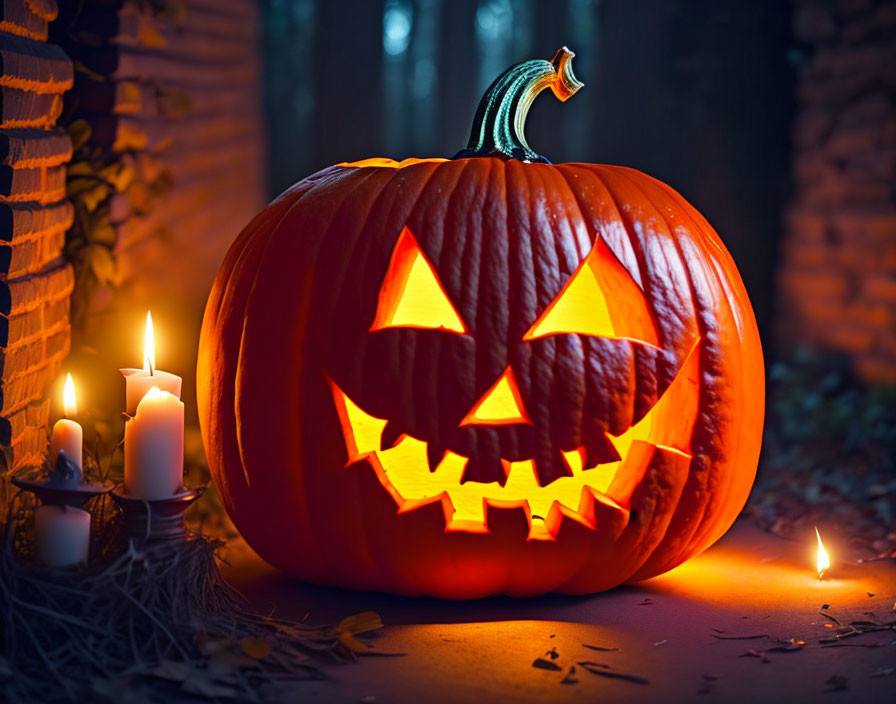 Menacing face jack-o'-lantern with candles in dark woods