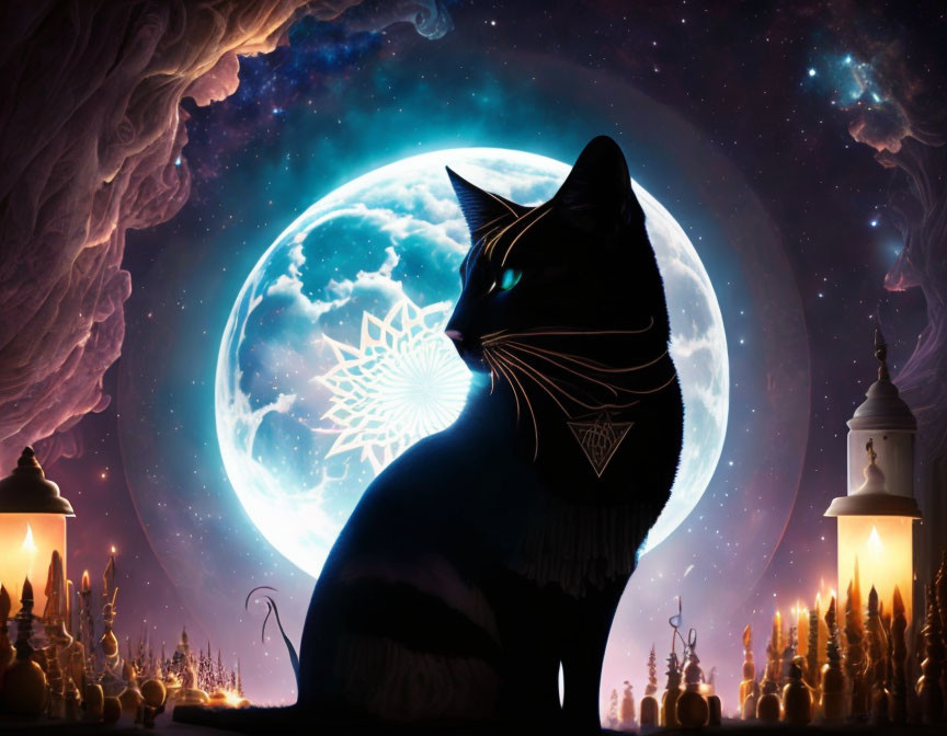 Cat silhouette against full moon and starry sky with web pattern, lantern-lit architectural landscape