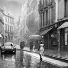 Woman with umbrella on rain-soaked street with car and pedestrians.