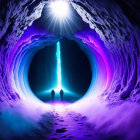 Person silhouetted at entrance of vibrant blue and purple ice cave