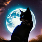 Cat silhouette against full moon and starry sky with web pattern, lantern-lit architectural landscape