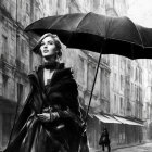 Monochrome illustration of stylish woman with umbrella in city setting