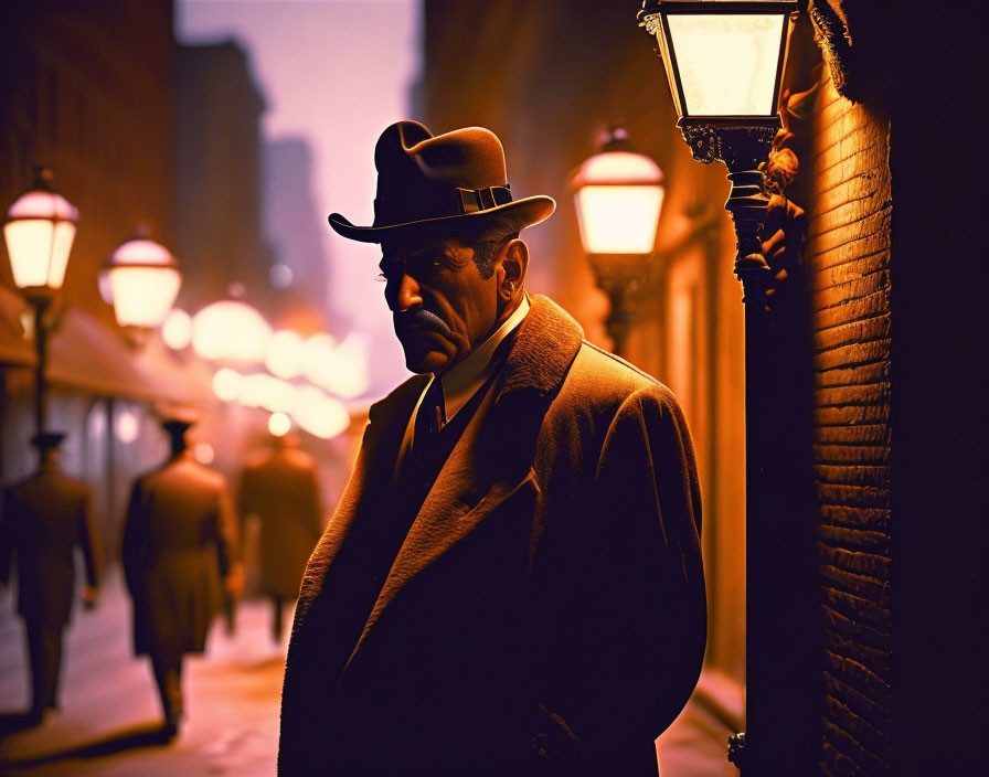 Mysterious man in fedora and overcoat on dimly-lit city street