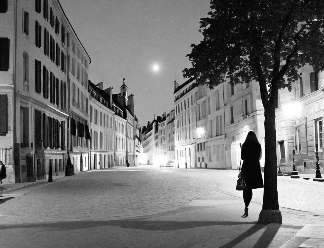 Monochrome night scene: person walking on cobblestone street under moonlight