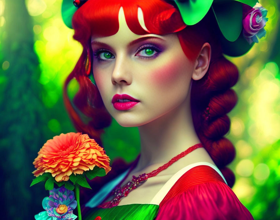 Vibrant makeup and red hair braids on woman with flower against green backdrop