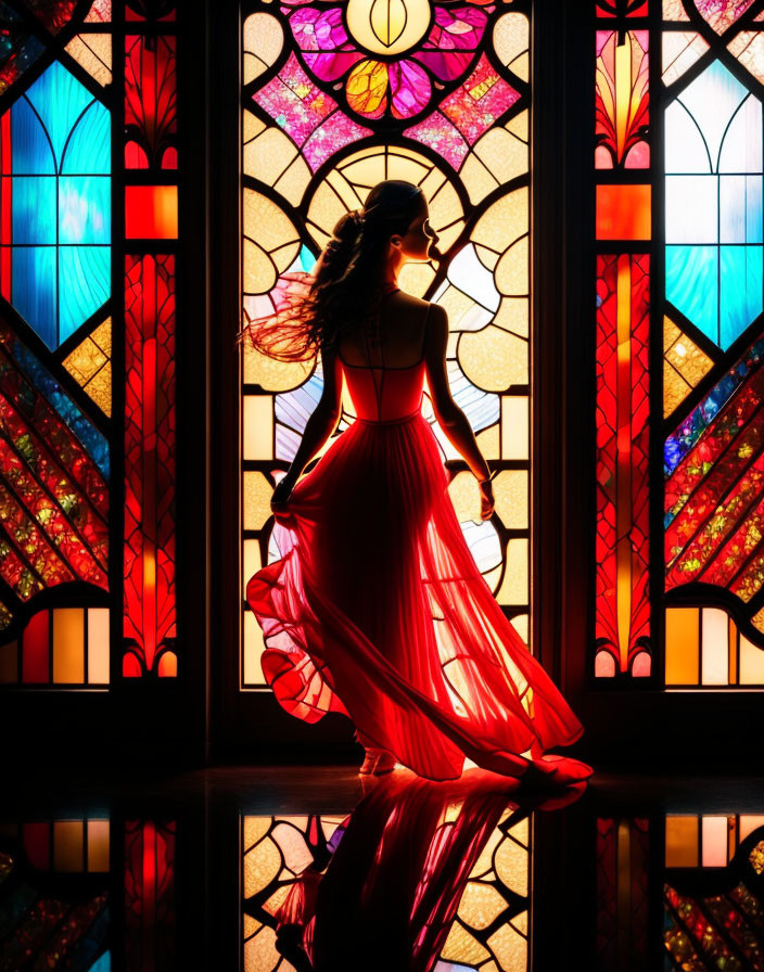 Silhouette of woman in flowing dress against vibrant stained glass window