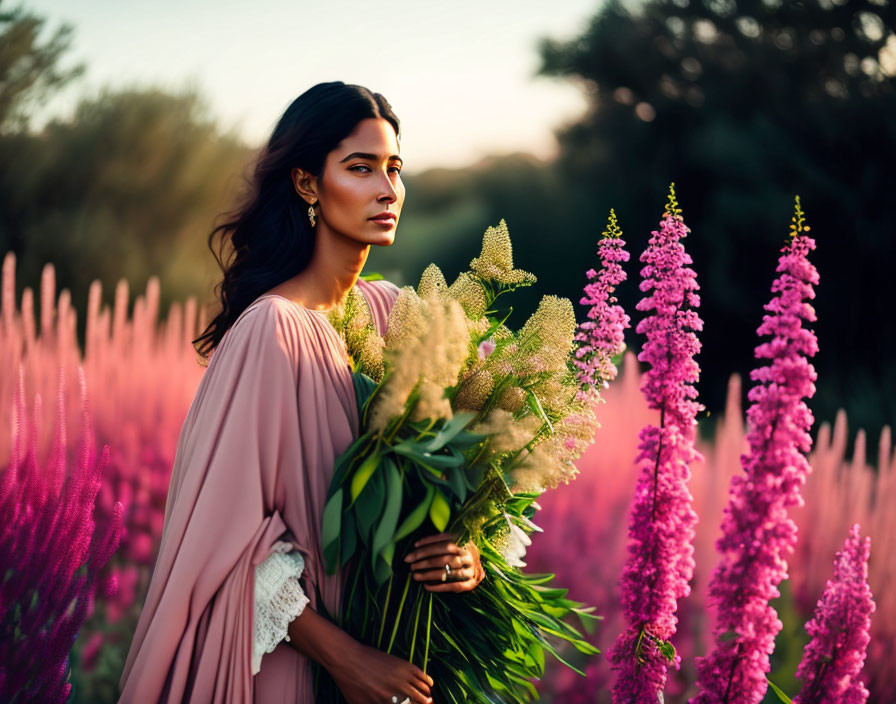 Woman in Pink Dress Among Tall Purple Flowers at Twilight