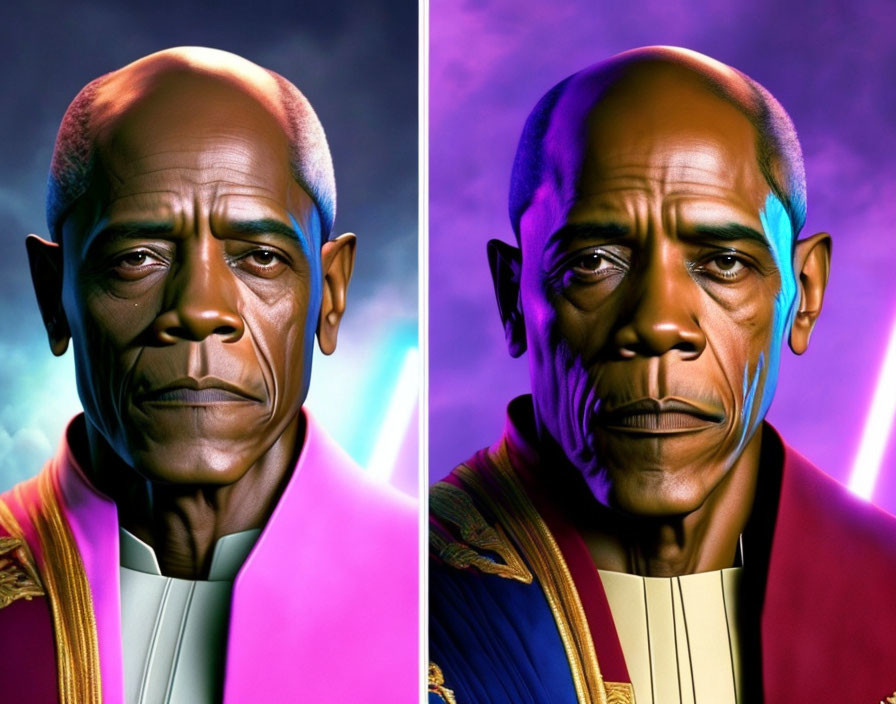 Stylized male portraits in purple and blue outfits against radiant backdrop