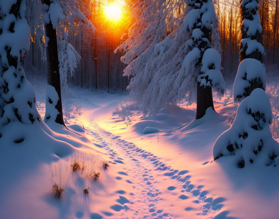 Snow-covered forest path under warm sunset glow