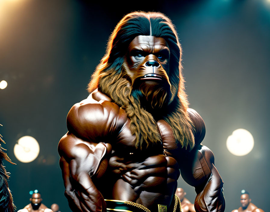 Muscular humanoid figure with gorilla-like face and blue eyes in dimly lit arena