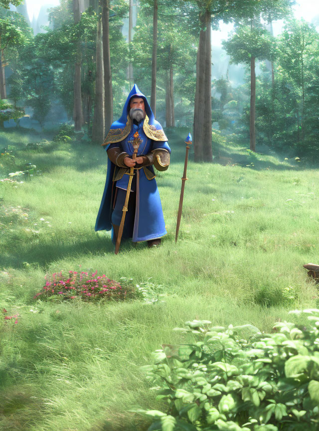 Bearded figure in blue robe and cloak with staff and sword in forest.