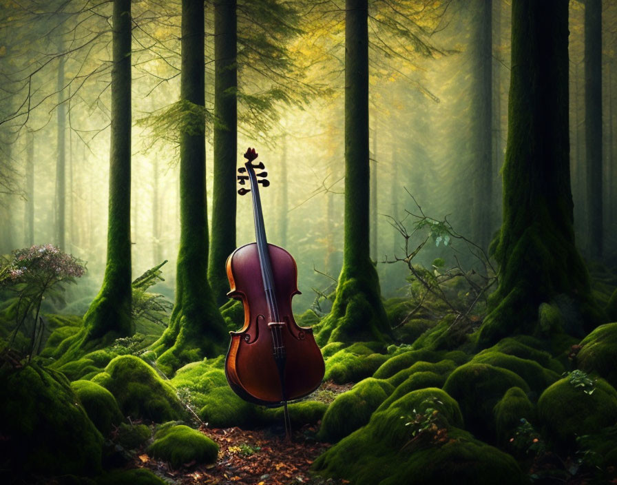 Cello in mystical forest with sunbeams and moss-covered ground