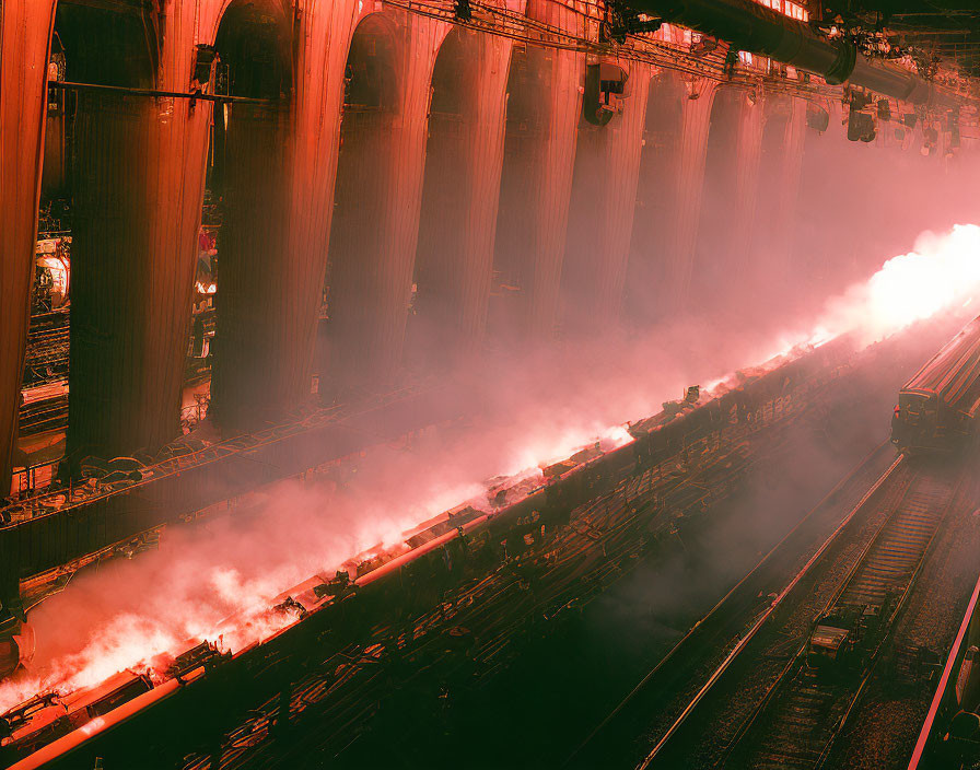 Vibrant Orange Industrial Scene with Massive Structures and Train Emitting Steam