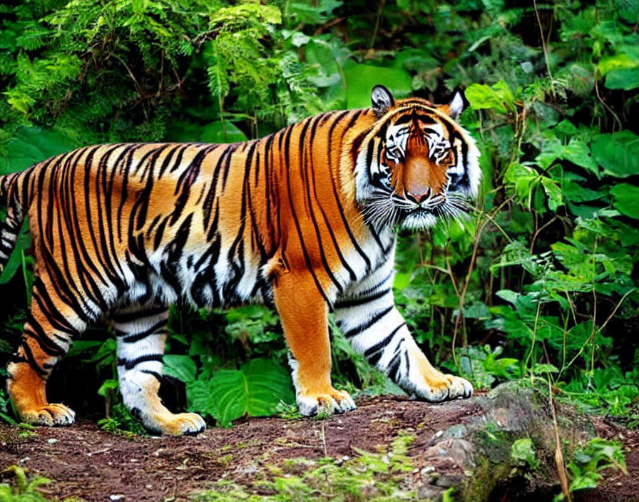 Majestic tiger with orange, black, and white stripes in lush green forest