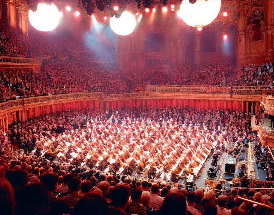 Orchestra performance in lavish concert hall