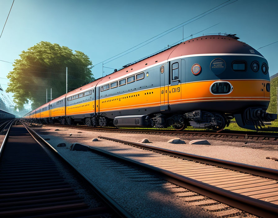 Vintage orange-yellow passenger train moving on railroad track in sunny landscape