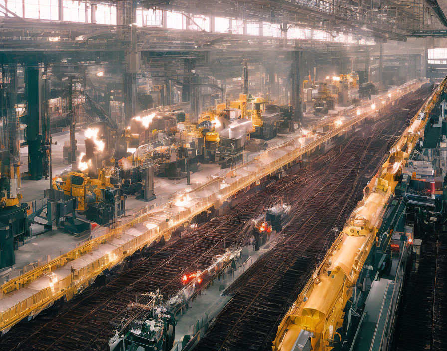 Industrial factory interior with assembly lines, machinery, and overhead cranes under warm lights